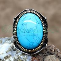 925 Ayar Gümüş Osmanlı Armalı Firuze(Turkuaz) Taşlı Erkek Yüzük