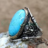 925 Ayar Gümüş Osmanlı Armalı Firuze(Turkuaz) Taşlı Erkek Yüzük