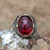 925 Ayar Gümüş Tasarım Kırmızı Lal Taşlı Erkek Yüzük