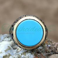 925 Ayar Gümüş Tuğralı Firuze(Turkuaz) Taşlı Erkek Yüzük