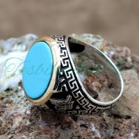 925 Ayar Gümüş Tuğralı Firuze(Turkuaz) Taşlı Erkek Yüzük