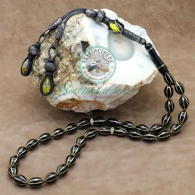 1000 Ayar Gümüş Kazaz Kamçılı 8'Li Pirinç Karpuz İşlemeli Erzurum Oltu Taşı Tesbih