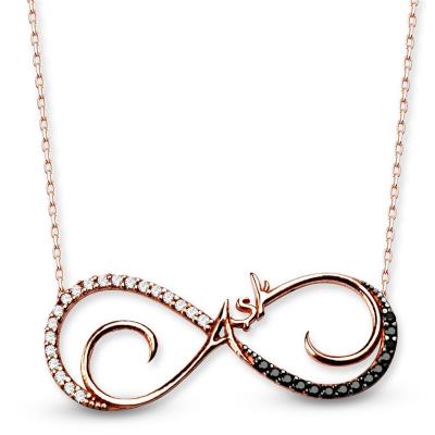 925 Ayar Gümüş Siyah Zirkon Taşlı Aşk Yazılı Sonsuzluk Kolye