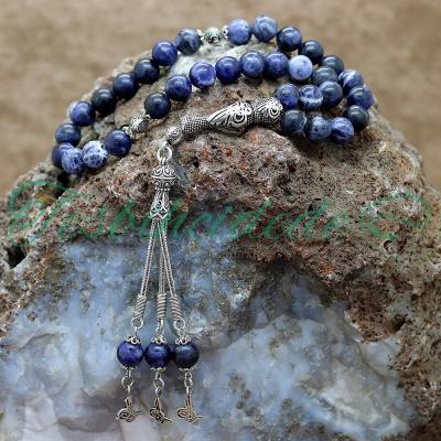 925 Ayar Gümüş Tuğra Tasarım Sodalit Taşı  Tesbih