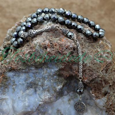 925 Ayar Gümüş Tuğra Tasarım Hematit Taşı Tesbih