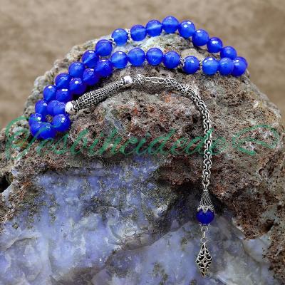 925 Ayar Gümüş Tasarım Fasetli Mavi Akik Tesbih