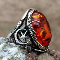 925 Ayar Gümüş Ayyıldız Sıkma Kehribar Taşlı Erkek Yüzük