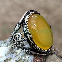 925 Ayar Gümüş Tuğralı Sıkma Kehribar Taşlı Erkek Yüzük