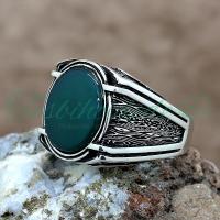 925 Ayar Gümüş Yeşil Akik Taşlı Erkek Yüzük