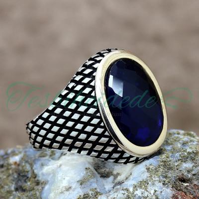 925 Ayar Gümüş Lacivert Zirkon Taşlı Erkek Yüzük