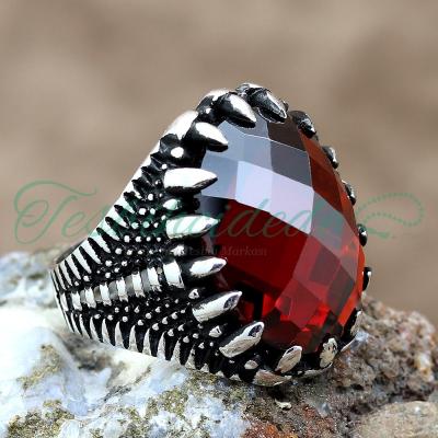 925 Ayar Gümüş Kartal Pençeli Kırmızı Zirkon Taşlı Erkek Yüzük