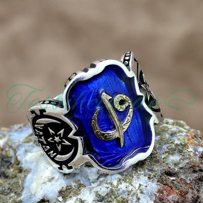 925 Ayar Gümüş Elif Vav Tasarım Mavi Mineli Erkek Yüzük