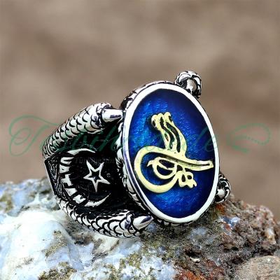 925 Ayar Gümüş Pençeli Tuğra Tasarım Mineli Erkek Yüzük