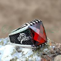 925 Ayar Gümüş Kırmızı Zirkon Taşlı Tuğra Tasarım Erkek Yüzük