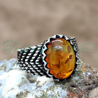 925 Ayar Gümüş Sıkma Kehribar Taşlı Erkek Yüzük