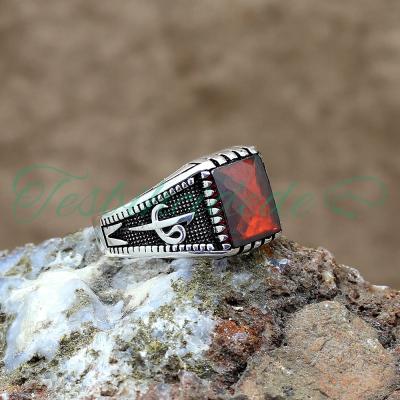 925 Ayar Gümüş Elif Vav Tasarım Kırmızı Zirkon Taşlı Erkek Yüzük