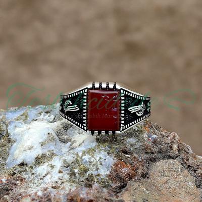 925 Ayar Gümüş Tuğra Tasarım Akik Taşlı Erkek Yüzük