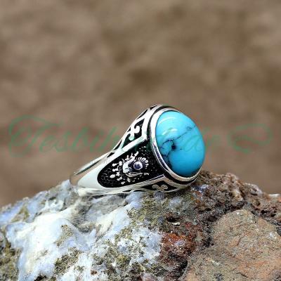 925 Ayar Gümüş Osmanlı Arma Tasarım Firuze(Turkuaz) Taşlı Erkek Yüzük