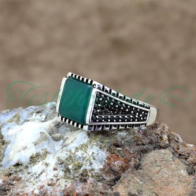 925 Ayar Gümüş Yeşil Akik Ve Mikro Taşlı Erkek Yüzük
