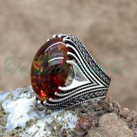 925 Ayar Gümüş Tasarım Fosilli Sıkma Kehribar Taşlı Erkek Yüzük