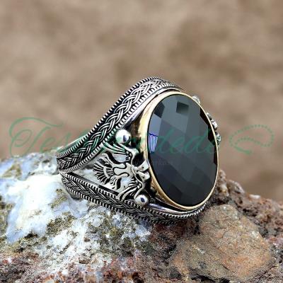 925 Ayar Gümüş Selçuklu Kartalı Siyah Zirkon Taşlı Erkek Yüzük