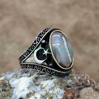 925 Ayar Gümüş Ayyıldız Tasarım Yemen Akik Taşlı Erkek Yüzük