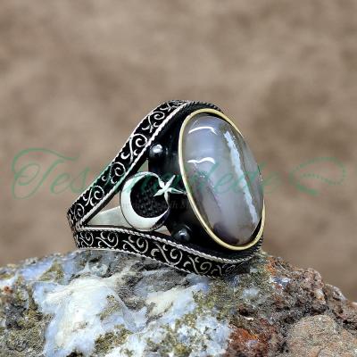 925 Ayar Gümüş Ayyıldız Tasarım Yemen Akik Taşlı Erkek Yüzük