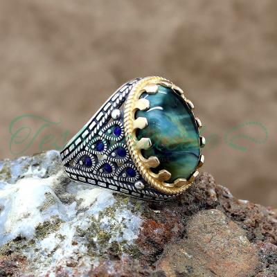 925 Ayar Gümüş Tasarım Labradorit Taşlı Erkek Yüzük