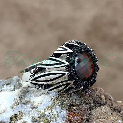 925 Ayar Gümüş Lale Tasarım Kırmızı Zirkon Taşlı Mikro Erkek Yüzük