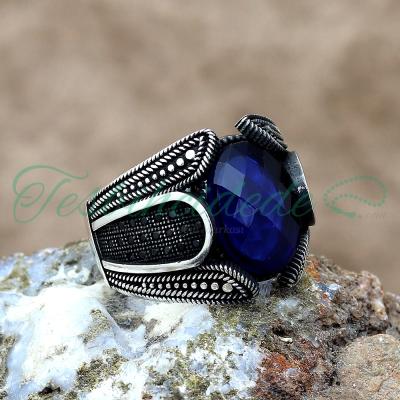 925 Ayar Gümüş Lale Tasarım Mavi Zirkon Taşlı Erkek Yüzük