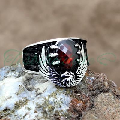 925 Ayar Gümüş Kırmızı Zirkon Taşlı Kartal Pençesi Yüzük