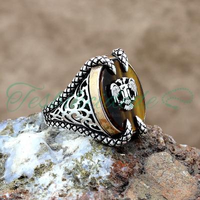 925 Ayar Gümüş Pençeli Kaplan Gözü Taşlı Erkek Yüzük