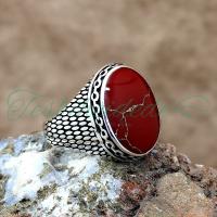 925 Ayar Gümüş Kırmızı Mercan Taşlı Erkek Yüzük