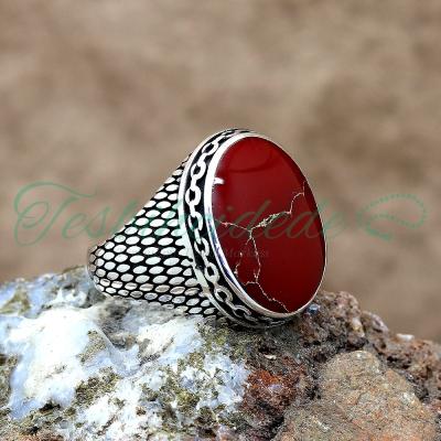 925 Ayar Gümüş Kırmızı Mercan Taşlı Erkek Yüzük
