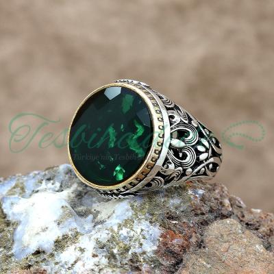 925 Ayar Gümüş Motifli Yeşil Zirkon Taşlı Yüzük