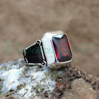 925 Ayar Gümüş Özel Tasarım Kırmızı Zirkon Taşlı Erkek Yüzük