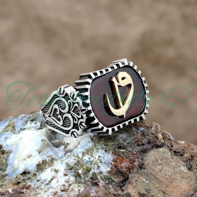 925 Ayar Gümüş Elif Vav Tasarım Akik Taşlı Erkek Yüzük