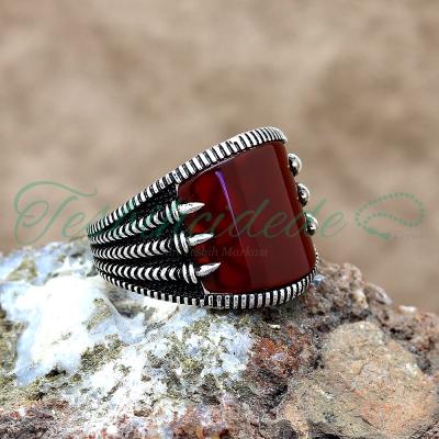 925 Ayar Gümüş Pençe Tasarım Akik Taşlı Erkek Yüzük