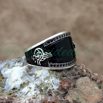 925 Ayar Gümüş Tuğra Tasarım Oniks Taşlı Erkek Yüzük