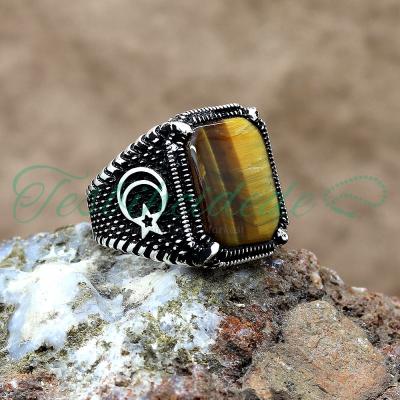 925 Ayar Gümüş Ayyıldız Tasarım Kaplan Gözü Taşlı Erkek Yüzük