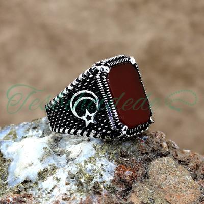 925 Ayar Gümüş Ayyıldız Tasarım Akik Taşlı Erkek Yüzük