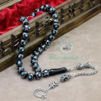 925 Ayar Gümüş Ayyıldız Tasarım Firuze İşlemeli Erzurum Oltu Taşı Tesbih