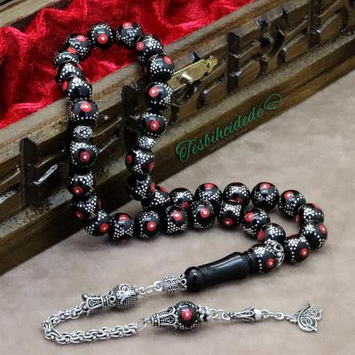 925 Ayar Gümüş Tuğra Tasarım Mercan İşlemeli Erzurum Oltu Taşı Tesbih