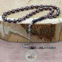 925 Ayar Gümüş Tasarım Mercan İşlemeli Erzurum Oltu Taşı Tesbih