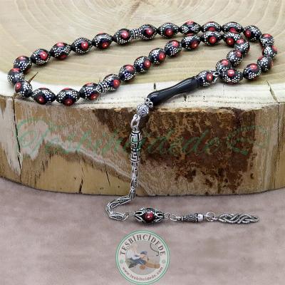 925 Ayar Gümüş Tasarım Mercan İşlemeli Erzurum Oltu Taşı Tesbih