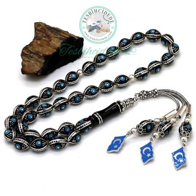 925 Ayar Gümüş Ayyıldız Özel Tasarım Firuze Ve Karpuz İşlemeli Erzurum Oltu Taşı Tesbih