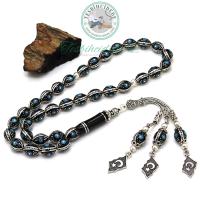 925 Ayar Gümüş Ayyıldız Özel Tasarım Firuze Ve Karpuz İşlemeli Erzurum Oltu Taşı Tesbih Model-2