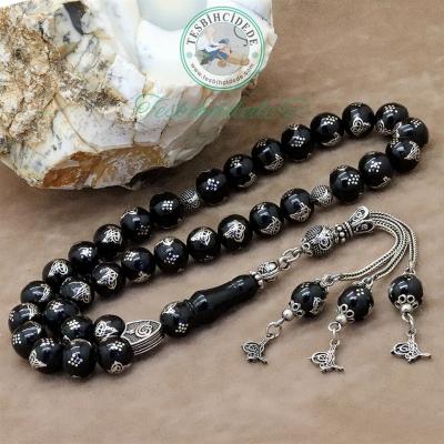 925 Ayar Gümüş Tuğra İşlemeli Erzurum Oltu Taşı Tesbih