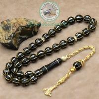 925 Ayar Gümüş Tuğra Tasarım Pirinç Karpuz İşlemeli Erzurum Oltu Taşı Tesbih