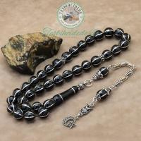 925 Ayar Gümüş Ayyıldız Tasarım 6'Lı Karpuz İşlemeli Erzurum Oltu Taşı Tesbih